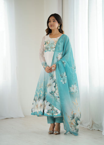 Floral Pure Soft Tabby Organza Silk Three Piece Anarkali Suit - Sky