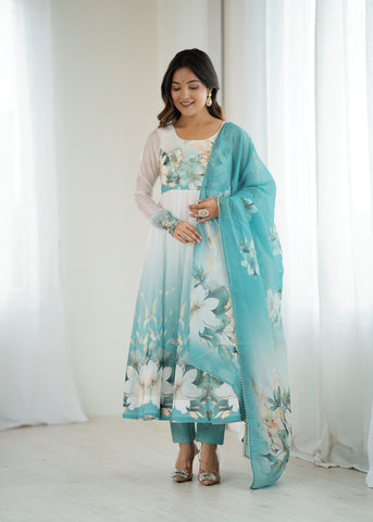 Floral Pure Soft Tabby Organza Silk Three Piece Anarkali Suit - Sky