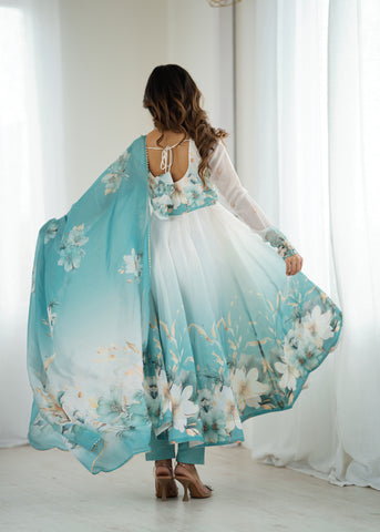 Floral Pure Soft Tabby Organza Silk Three Piece Anarkali Suit - Sky