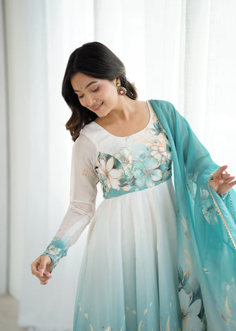 Floral Pure Soft Tabby Organza Silk Three Piece Anarkali Suit - Sky