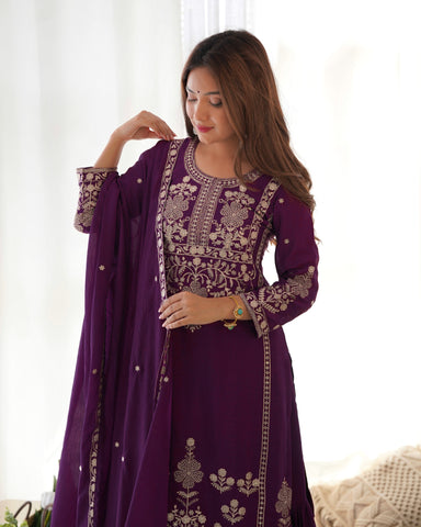 Trendy Purple Pure Chinon Silk Embroidery Sequence Work Sharara Suit Set
