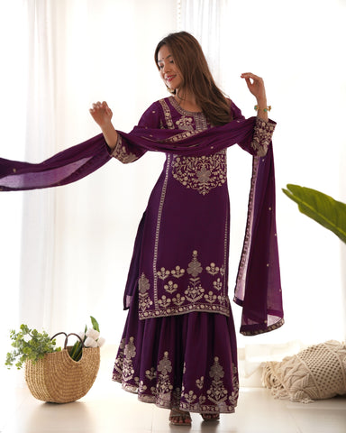 Trendy Purple Pure Chinon Silk Embroidery Sequence Work Sharara Suit Set