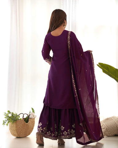 Trendy Purple Pure Chinon Silk Embroidery Sequence Work Sharara Suit Set