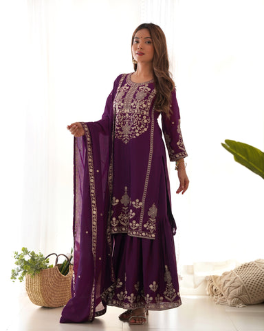 Trendy Purple Pure Chinon Silk Embroidery Sequence Work Sharara Suit Set