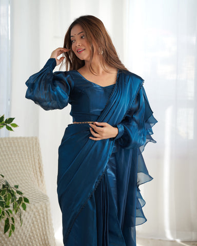 Ready To Wear Pre drapped Ready ToWear Saree With Fully Stitched Blouse Jimmy Choo Fabric - Teal Blue