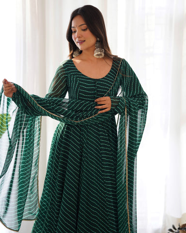 Green Pure Soft Faux Georgette Leheriya  Anarkali Suit With Huge Flair Comes With Duppatta & Pant