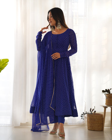 Royal Blue Pure Soft Faux Georgette Leheriya  Anarkali Suit With Huge Flair Comes With Duppatta & Pant