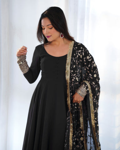 Black Color Pure Faux Georgette Kurti With Huge Flair Comes With Duppatta & Pant