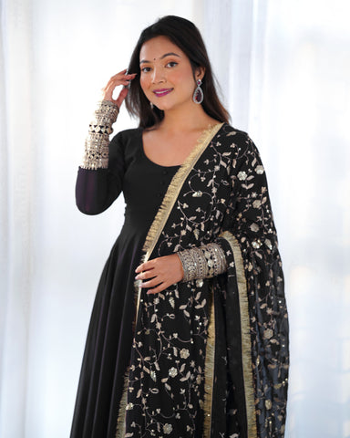 Black Color Pure Faux Georgette Kurti With Huge Flair Comes With Duppatta & Pant