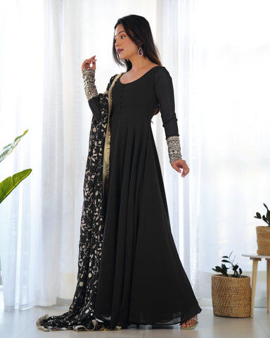 Black Color Pure Faux Georgette Kurti With Huge Flair Comes With Duppatta & Pant