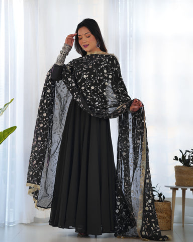 Black Color Pure Faux Georgette Kurti With Huge Flair Comes With Duppatta & Pant