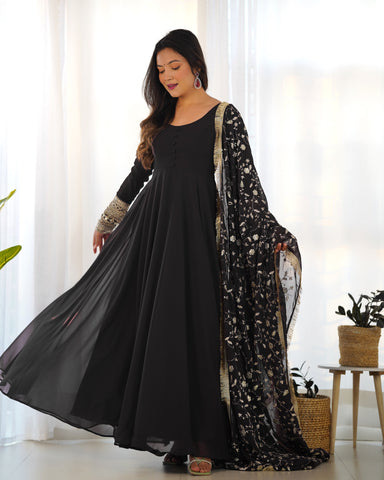 Black Color Pure Faux Georgette Kurti With Huge Flair Comes With Duppatta & Pant