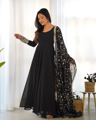 Black Color Pure Faux Georgette Kurti With Huge Flair Comes With Duppatta & Pant