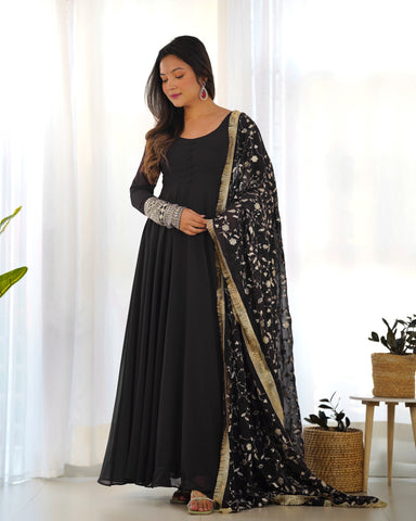 Black Color Pure Faux Georgette Kurti With Huge Flair Comes With Duppatta & Pant