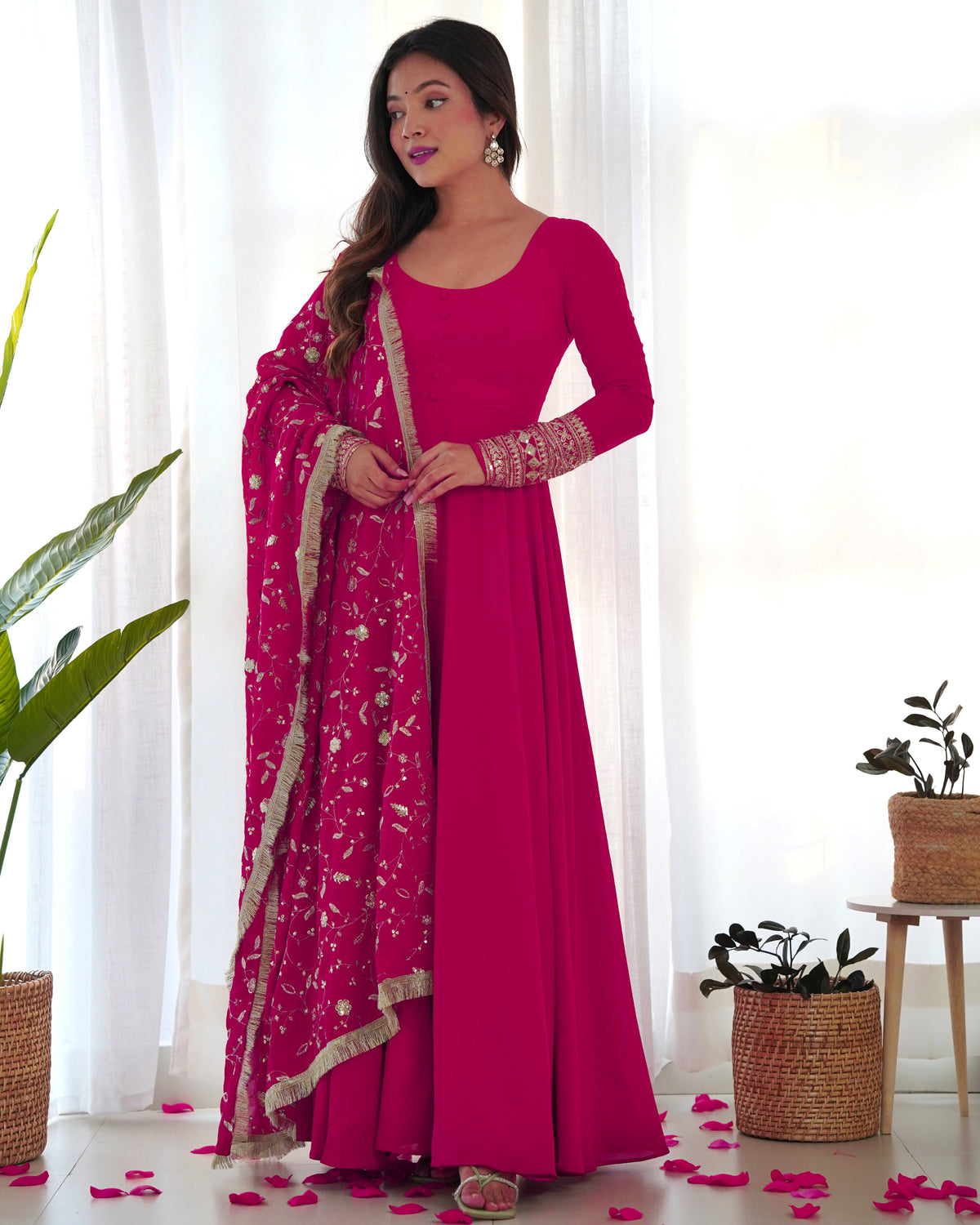 Rani Pink Color Pure Faux Georgette Kurti With Huge Flair Comes With Duppatta & Pant