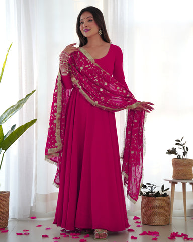 Rani Pink Color Pure Faux Georgette Kurti With Huge Flair Comes With Duppatta & Pant