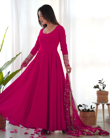 Rani Pink Color Pure Faux Georgette Kurti With Huge Flair Comes With Duppatta & Pant