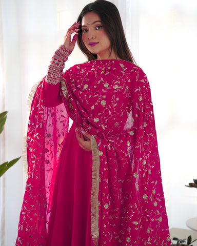 Rani Pink Color Pure Faux Georgette Kurti With Huge Flair Comes With Duppatta & Pant