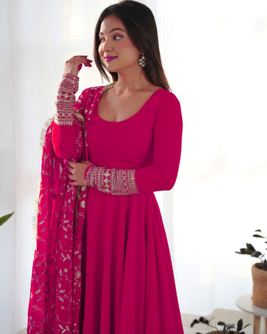 Rani Pink Color Pure Faux Georgette Kurti With Huge Flair Comes With Duppatta & Pant