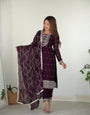 BEAUTIFUL PURE BLOOMING RANGOLI SILK FABRIC STRAIGHT FIT KURTA, DUPATTA WITH TROUSERSSET WINE