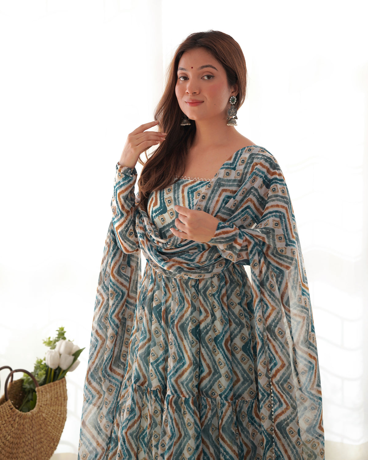 Light Blue Color Pure Faux Georgette Zigzag Print Fabric With Huge Flair Comes With Duppatta & Pant