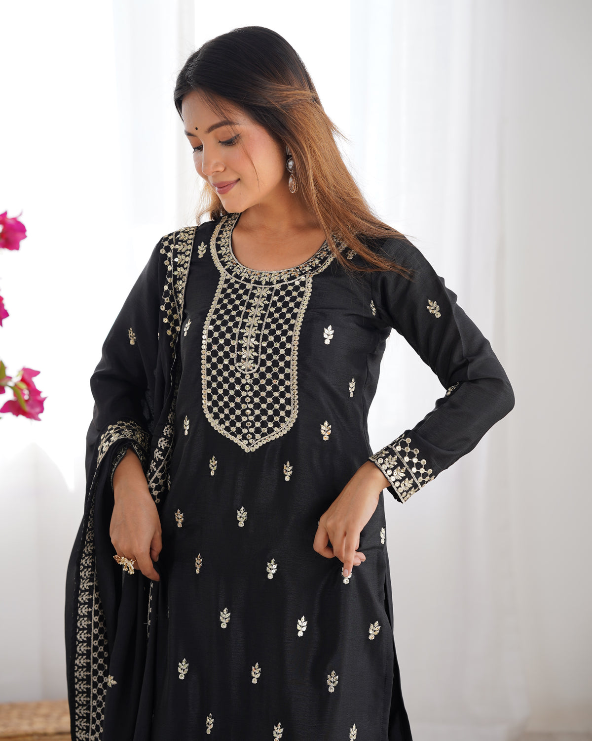 Beautiful Pure Chinon Silk Fabric Straight Fit Kurta, Dupatta With Trouser Set - BLACK