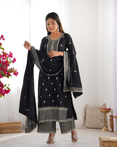 Beautiful Pure Chinon Silk Fabric Straight Fit Kurta, Dupatta With Trouser Set - BLACK