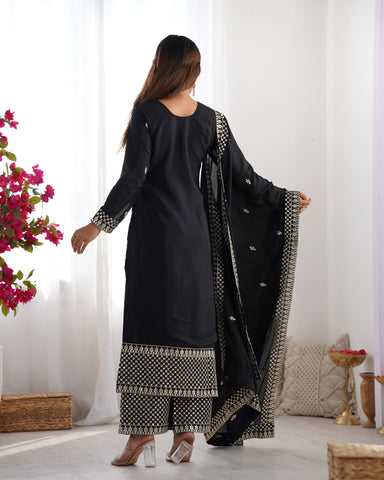 Beautiful Pure Chinon Silk Fabric Straight Fit Kurta, Dupatta With Trouser Set - BLACK