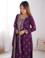 Beautiful Pure Chinon Silk Fabric Straight Fit Kurta, Dupatta With Trouser Set - WINE