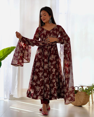 Faux Georgette Three Piece Dark Maroon Anarkali Suit