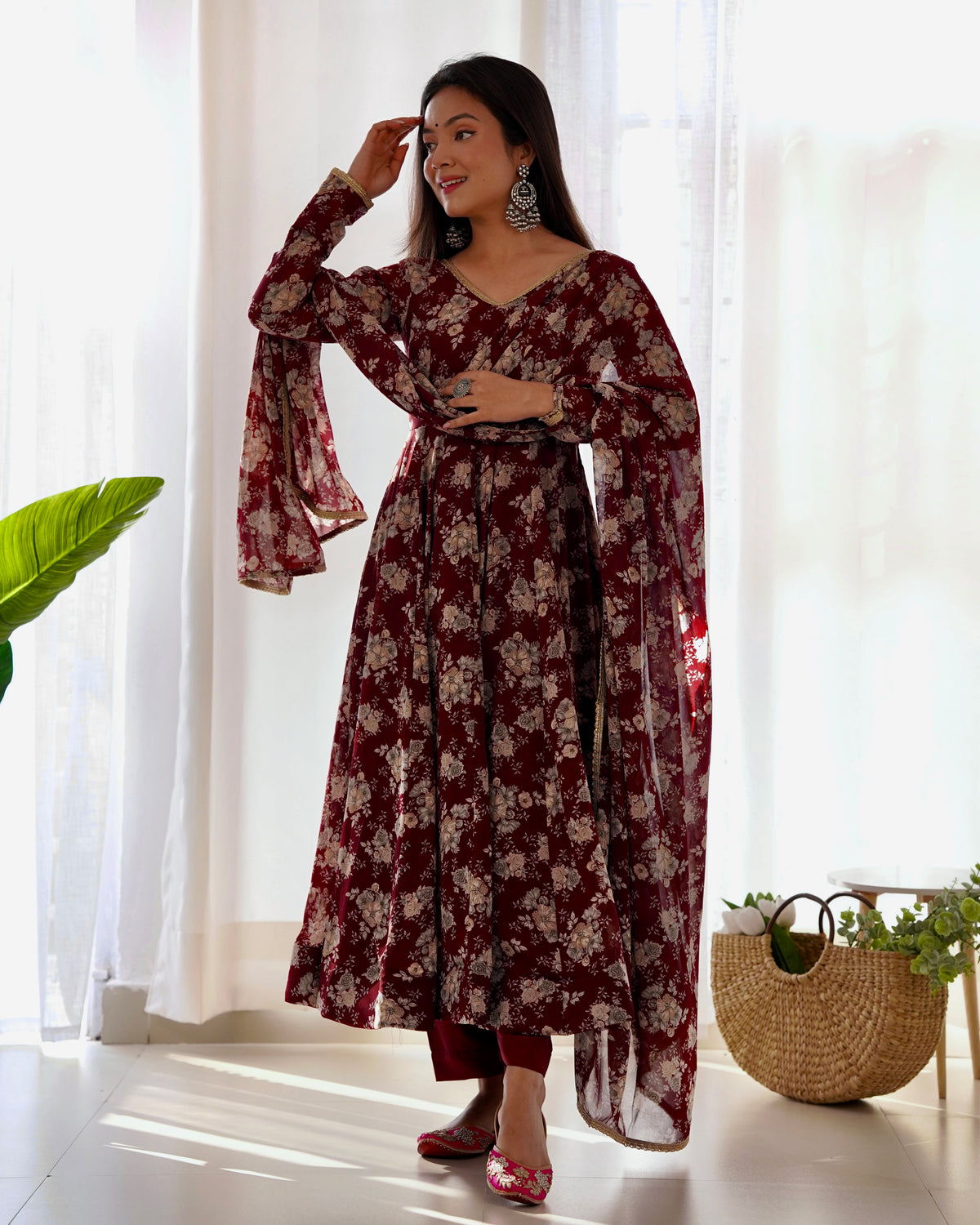 Faux Georgette Three Piece Dark Maroon Anarkali Suit