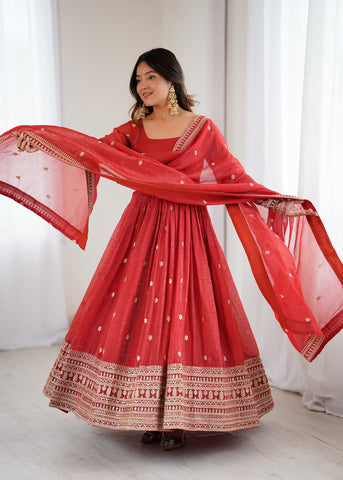 Pure Red Crunchy Silk Fancy Embroidery Suit Set With Dupatta