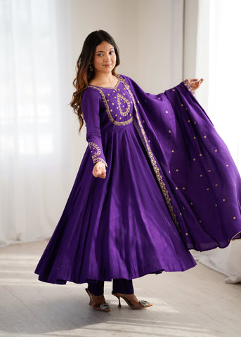 Purple Premium Pure Roman Chanderi Silk Fully Flared Anarkali Set
