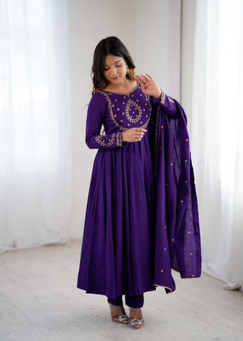 Purple Premium Pure Roman Chanderi Silk Fully Flared Anarkali Set