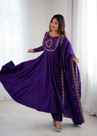 Purple Premium Pure Roman Chanderi Silk Fully Flared Anarkali Set