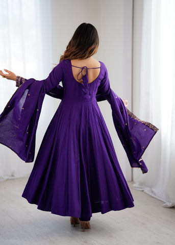 Purple Premium Pure Roman Chanderi Silk Fully Flared Anarkali Set