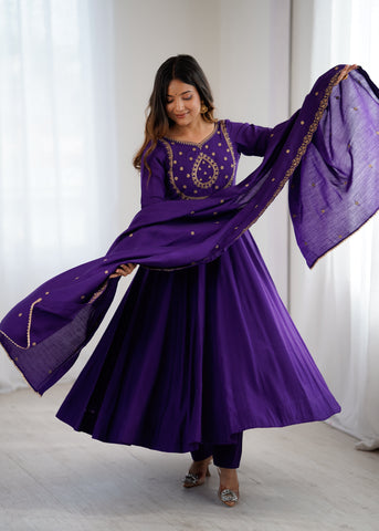 Purple Premium Pure Roman Chanderi Silk Fully Flared Anarkali Set