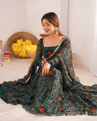 Pure Soft Light Weight Bandhej Fully Flaired Gown, Dupatta and Pent Set Ready to Wear Fully Stitched-Green