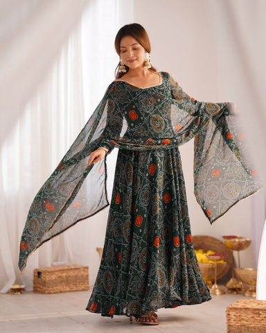 Pure Soft Light Weight Bandhej Fully Flaired Gown, Dupatta and Pent Set Ready to Wear Fully Stitched-Green