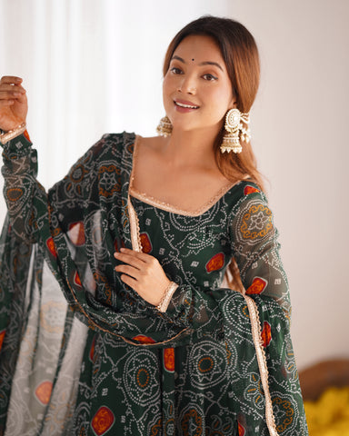 Pure Soft Light Weight Bandhej Fully Flaired Gown, Dupatta and Pent Set Ready to Wear Fully Stitched-Green