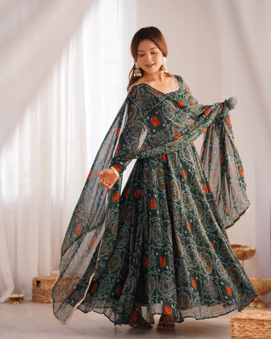 Pure Soft Light Weight Bandhej Fully Flaired Gown, Dupatta and Pent Set Ready to Wear Fully Stitched-Green