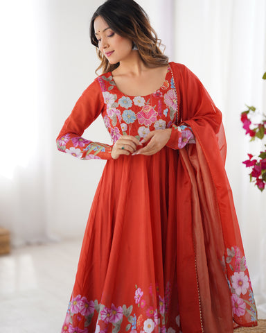 Pure Soft Organza Silk Fabric Fully Flair Kali Pattern and Canvas Patta With Dupatta Set ,Pent Ready to Wear - Rust