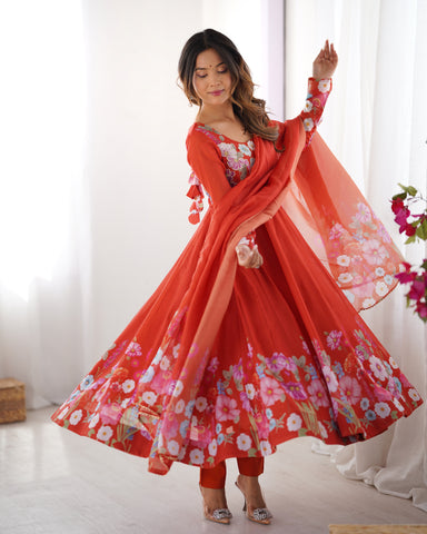 Pure Soft Organza Silk Fabric Fully Flair Kali Pattern and Canvas Patta With Dupatta Set ,Pent Ready to Wear - Rust