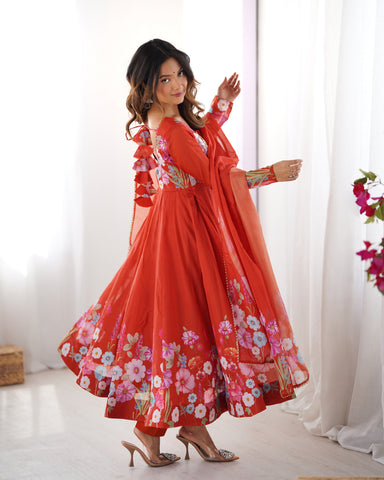 Pure Soft Organza Silk Fabric Fully Flair Kali Pattern and Canvas Patta With Dupatta Set ,Pent Ready to Wear - Rust