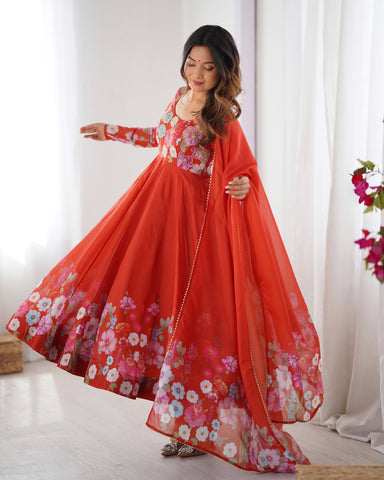 Pure Soft Organza Silk Fabric Fully Flair Kali Pattern and Canvas Patta With Dupatta Set ,Pent Ready to Wear - Rust