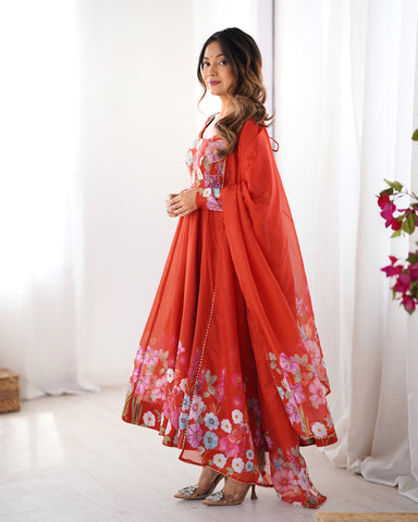 Pure Soft Organza Silk Fabric Fully Flair Kali Pattern and Canvas Patta With Dupatta Set ,Pent Ready to Wear - Rust