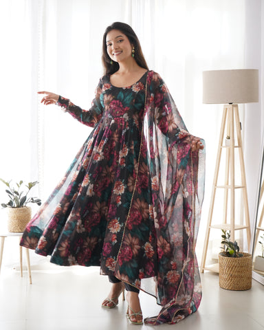 Pure Soft Organza Silk Anarkali Kali Cut Gown, Dupatta Set, Pent Ready To Wear Fully Stitched Set