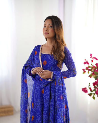 Pure Soft Light Weight Bandhej Fully Flaired Gown, Dupatta and Pent Set Ready to Wear Fully Stitched-Royal Blue