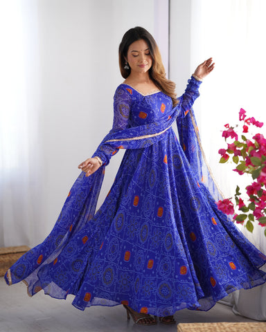 Pure Soft Light Weight Bandhej Fully Flaired Gown, Dupatta and Pent Set Ready to Wear Fully Stitched-Royal Blue