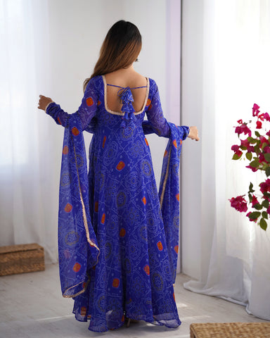 Pure Soft Light Weight Bandhej Fully Flaired Gown, Dupatta and Pent Set Ready to Wear Fully Stitched-Royal Blue
